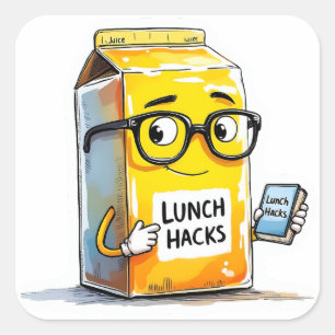 Pegatina Cuadrada Caja de Leche de Cafetería con Hack de Almuerzo -
