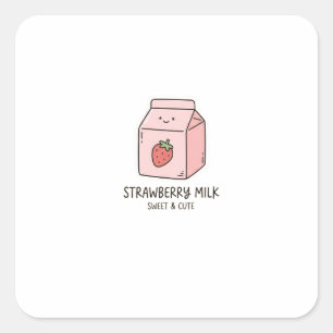 Pegatina Cuadrada Caja de Leche de Fresa Kawaii Pastel Mono