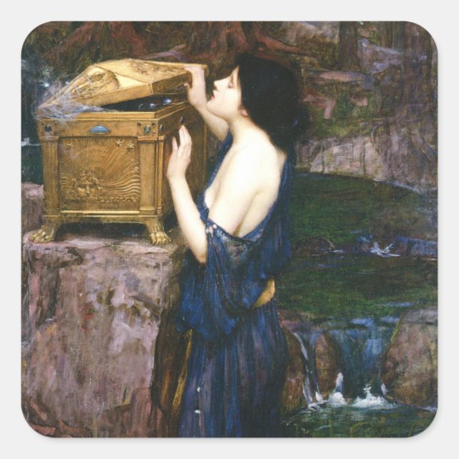 Pegatina Cuadrada Caja de Pandora - John William Waterhouse (Anverso)