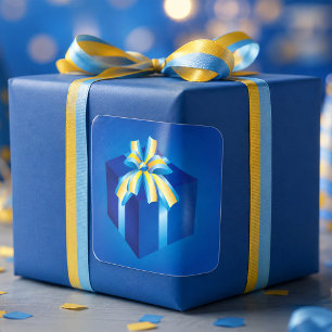 Pegatina Cuadrada Caja de regalo azul con cinta amarilla y aqua 
