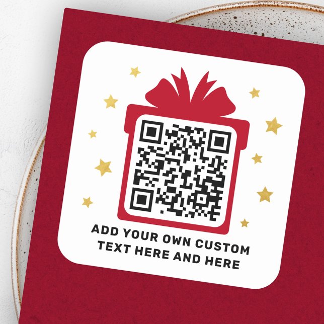 Pegatina Cuadrada Caja de regalo con estrellas de oro falsas Navidad (Gift box with faux golden stars QR code Christmas Square Sticker)