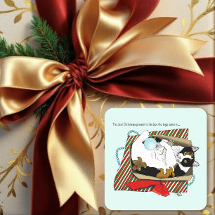 Pegatina Cuadrada Caja de regalo divertida de gato calicó de Navidad