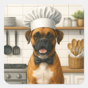 Pegatina Cuadrada Caja Divertida Chef Perro Boxer Para Cocineros en