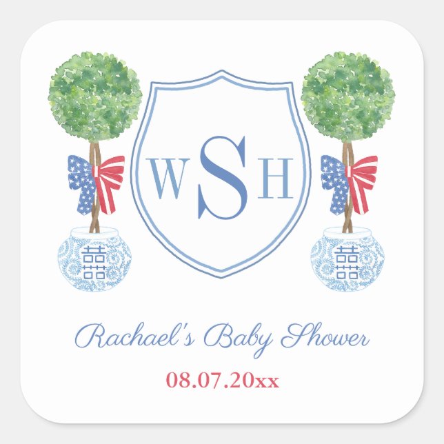 Pegatina Cuadrada Caja Inteligente de Monograma de Cresta para Favor (Anverso)