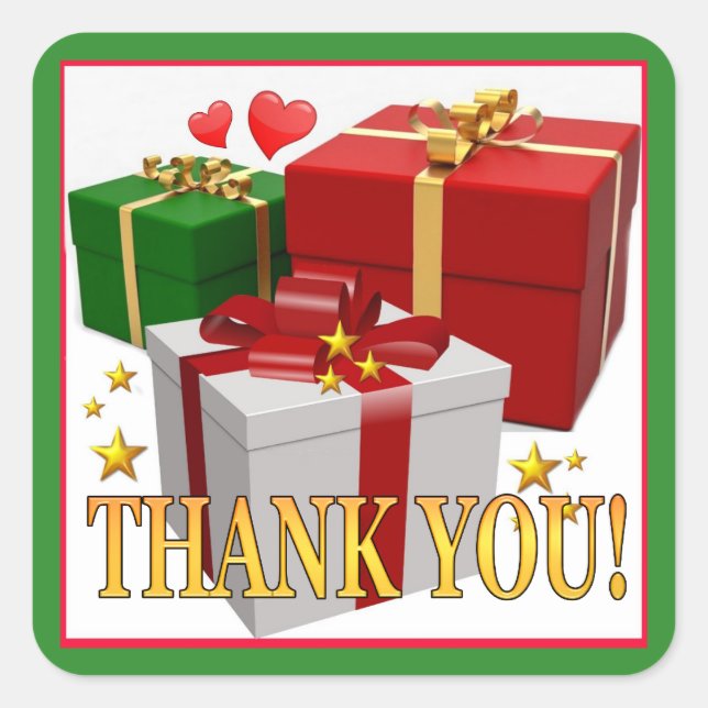 Pegatina Cuadrada Cajas de regalo y corazones gracias (Anverso)