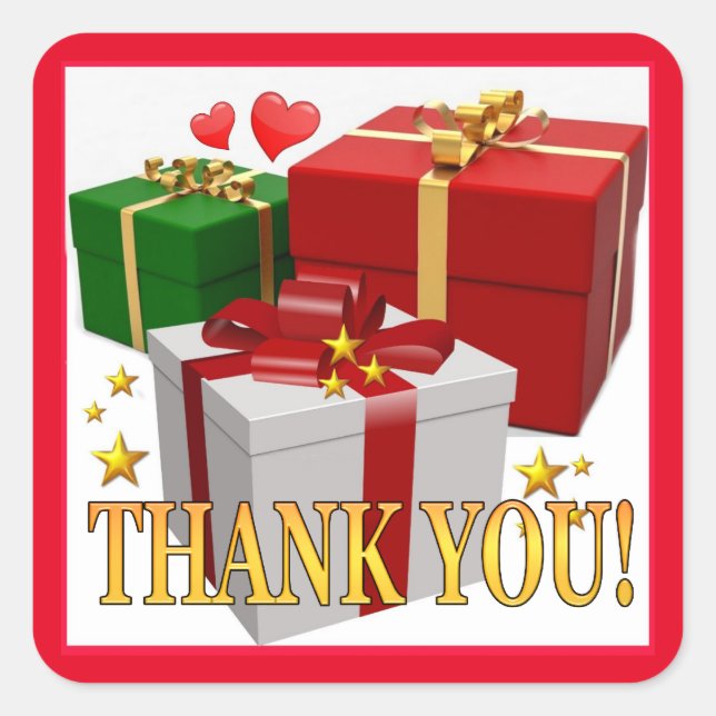 Pegatina Cuadrada Cajas de regalo y corazones gracias (Anverso)