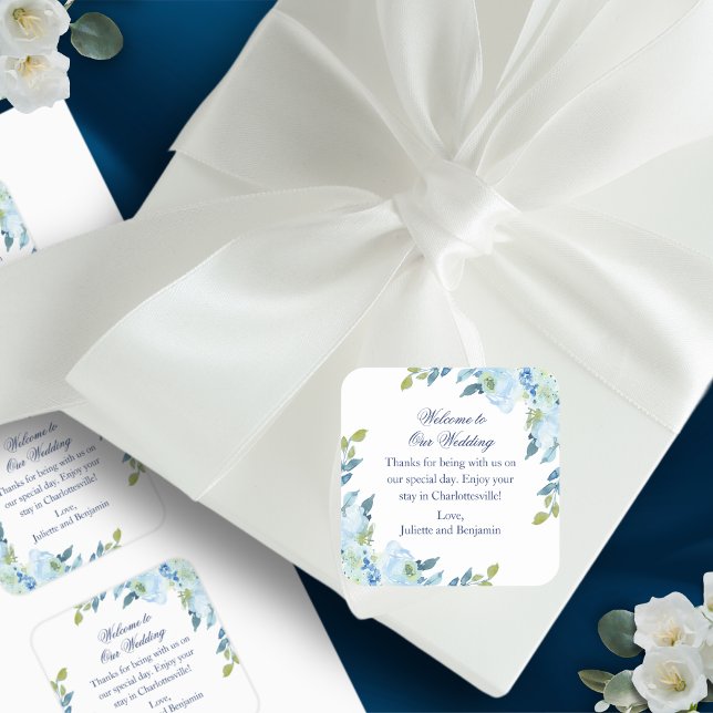 Pegatina Cuadrada Cajón de bienvenida del Juliette Blue Hotel Boda (Welcome your guests in style with these lovely gift stickers)