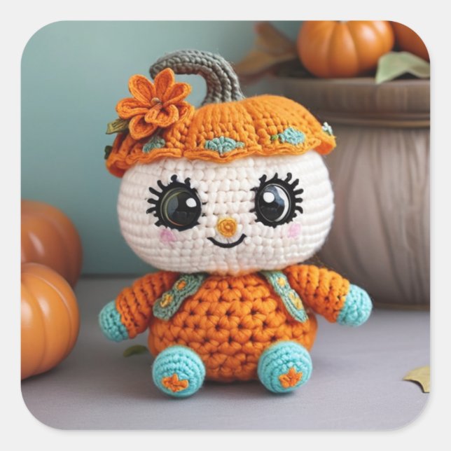 Pegatina Cuadrada Calabaza Adorable Crocheted Doll: Amigurumi Pastel (Anverso)