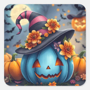 Pegatina Cuadrada Calabaza azul de Halloween Jack-o-lantern