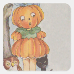 Pegatina Cuadrada Calabaza cabeza de calabaza gato negro búho
