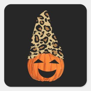 Pegatina Cuadrada Calabaza Con Un Gorra De Leopardo