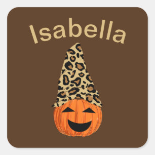 Pegatina Cuadrada Calabaza Con Un Gorra De Leopardo
