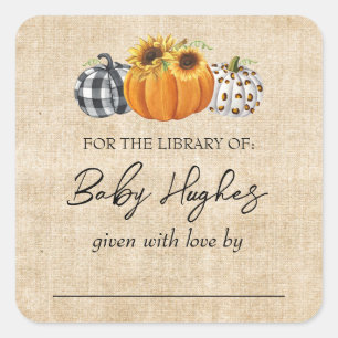 Pegatina Cuadrada Calabaza de Arpillera de Otoño Bookplate para Baby