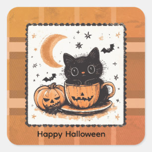 Pegatina Cuadrada Calabaza de gato lindo de Halloween