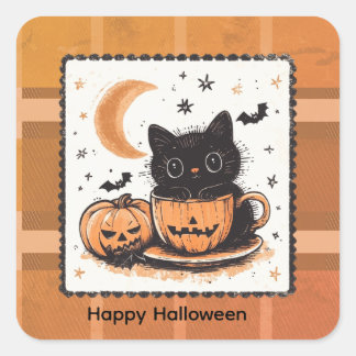 Pegatina Cuadrada Calabaza de gato lindo de Halloween