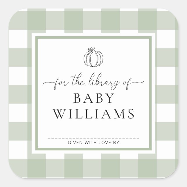 Pegatina Cuadrada Calabaza De Gingham Verde Salvia Ex Libris (Anverso)