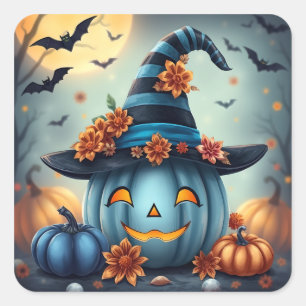 Pegatina Cuadrada Calabaza de Halloween azul Jack-o-lantern