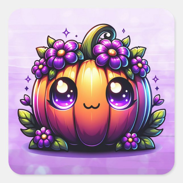 Pegatina Cuadrada Calabaza de Halloween Chibi Adorable  (Anverso)