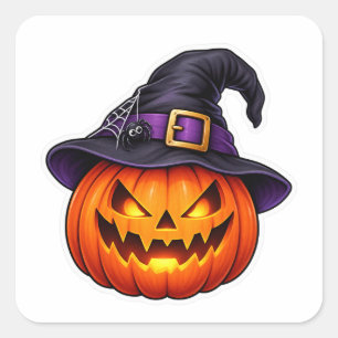 Pegatina Cuadrada Calabaza de Halloween con sombrero de bruja