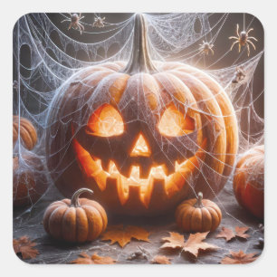 Pegatina Cuadrada Calabaza de Halloween cubierta de telarañas