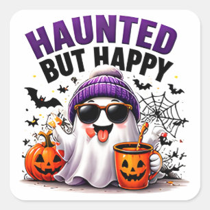 Pegatina Cuadrada Calabaza de Halloween de Fantasma Divertido Feliz 