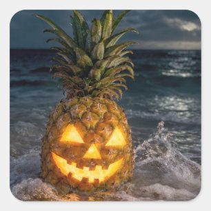 Pegatina Cuadrada Calabaza de Halloween de piña en oleaje oceánico