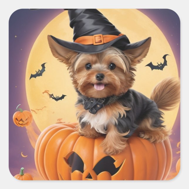 Pegatina Cuadrada calabaza de Halloween de Yorkshire terrier (Anverso)