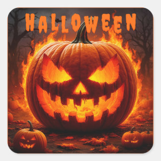 Pegatina Cuadrada Calabaza de Halloween espeluznante con llama