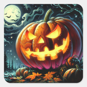 Pegatina Cuadrada Calabaza de Halloween Jack-o-Lantern espeluznante