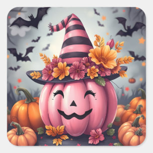 Pegatina Cuadrada Calabaza de Halloween rosa bonita Jack-o-lantern