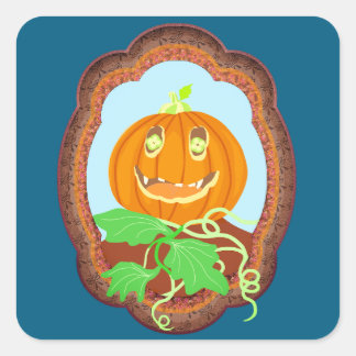 Pegatina Cuadrada Calabaza de Halloween sonriendo caprichosa y espel