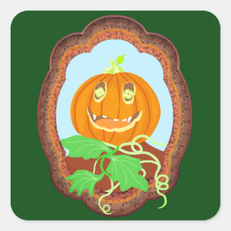 Pegatina Cuadrada Calabaza de Halloween sonriendo caprichosa y espel