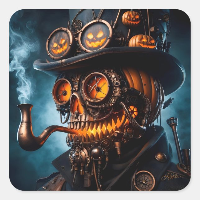 Pegatina Cuadrada Calabaza de Halloween Steampunk Gótico (Anverso)