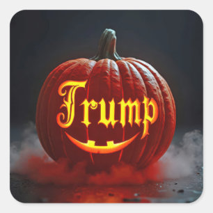 Pegatina Cuadrada Calabaza de Halloween Trump en niebla