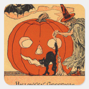 Pegatina Cuadrada Calabaza de Jack Bruja Gato Negro Murciélago Vinta