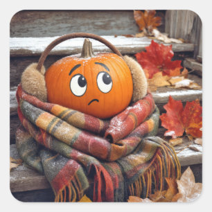 Pegatina Cuadrada Calabaza de otoño con una bufanda acogedora