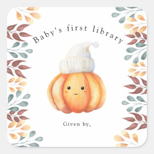 Pegatina Cuadrada Calabaza de otoño en sombrero - primera biblioteca