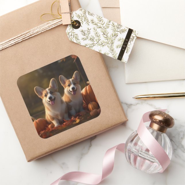 Pegatina Cuadrada Calabaza deslumbrante Corgi Puppy Autumn (Regalar)