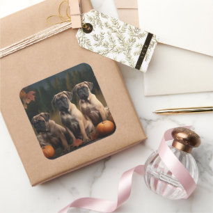 Pegatina Cuadrada Calabaza deslumbrante de bullmastiff Puppy otoño