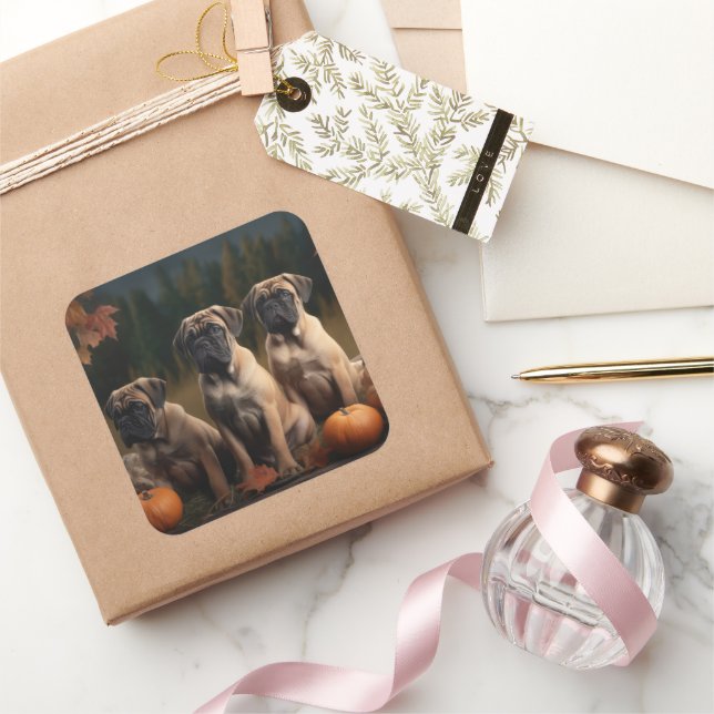 Pegatina Cuadrada Calabaza deslumbrante de bullmastiff Puppy otoño (Regalar)