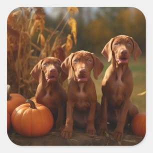 Pegatina Cuadrada Calabaza deslumbrante de Vizsla Puppy Autumn