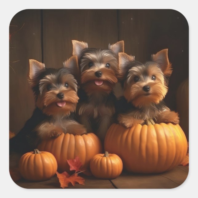 Pegatina Cuadrada Calabaza deslumbrante de Yorkshire Terrier Puppy A (Anverso)