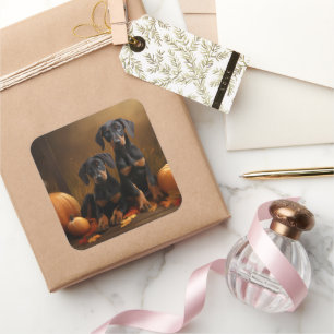 Pegatina Cuadrada Calabaza deslumbrante Doberman Puppy Autumn