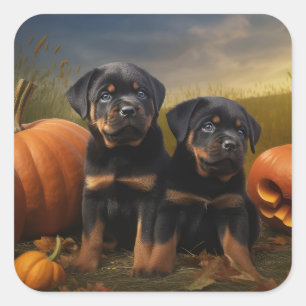 Pegatina Cuadrada Calabaza deslumbrante Rottweiler Puppy Autumn