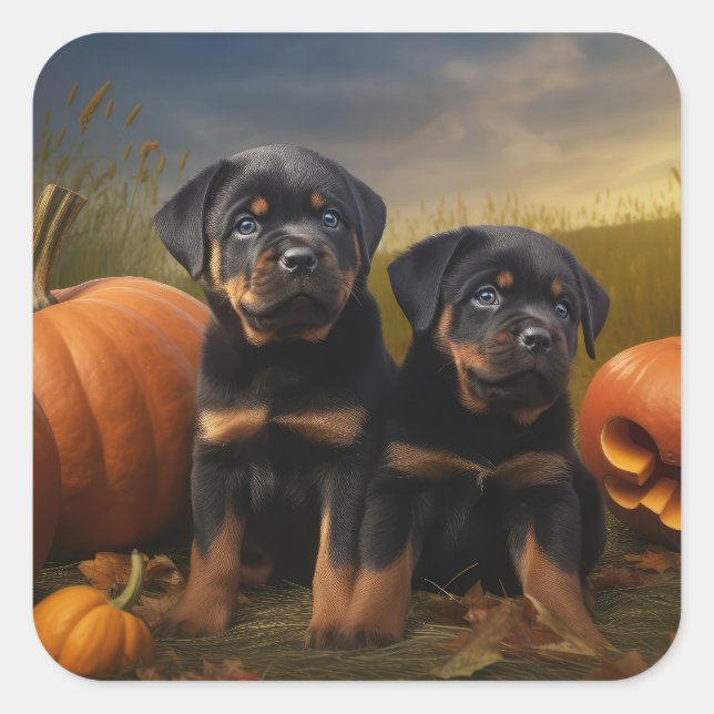 Pegatina Cuadrada Calabaza deslumbrante Rottweiler Puppy Autumn (Anverso)