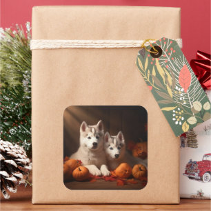 Pegatina Cuadrada Calabaza deslumbrante siberiana Husky Puppy otoño