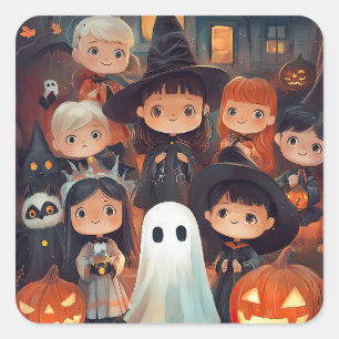 Pegatina Cuadrada Calabaza fantasma de los niños de Halloween retro