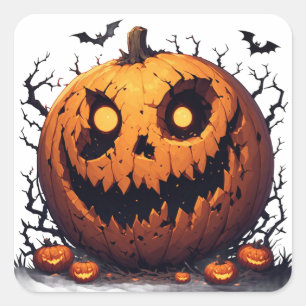 Pegatina Cuadrada Calabaza Gigante de Halloween con Sonrisa Siniestr