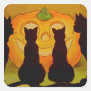 Pegatina Cuadrada Calabaza Linterna de Jack Gato Negro