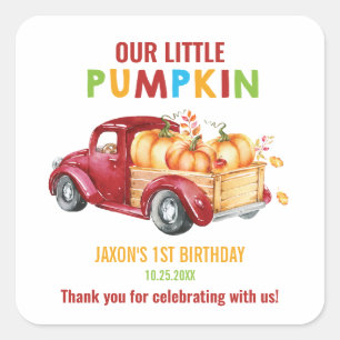 Pegatina Cuadrada Calabaza Primer cumpleaños Cosecha Camión Favor Gr